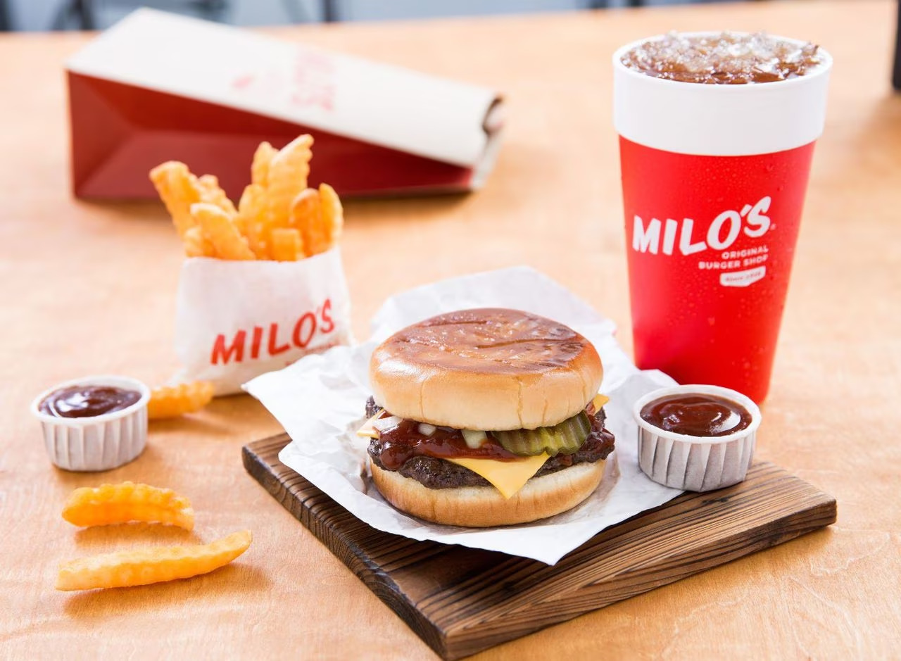 Milos burger, fries and drink