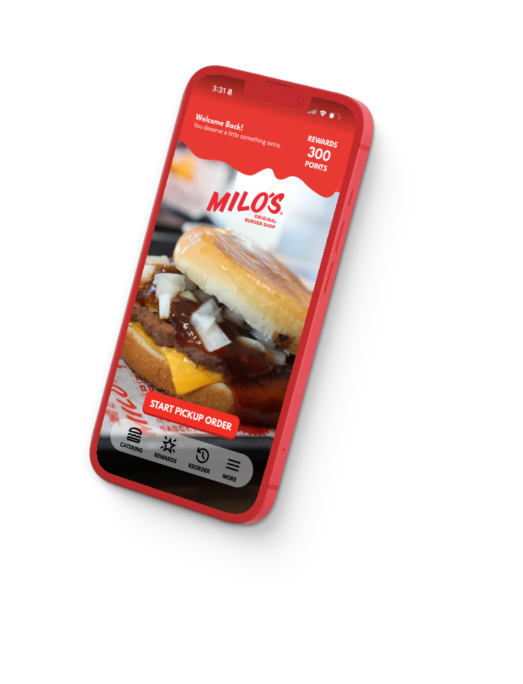 Milo's app home screen on an iPhone showing Welcome Back and 300 Milo's Rewards points